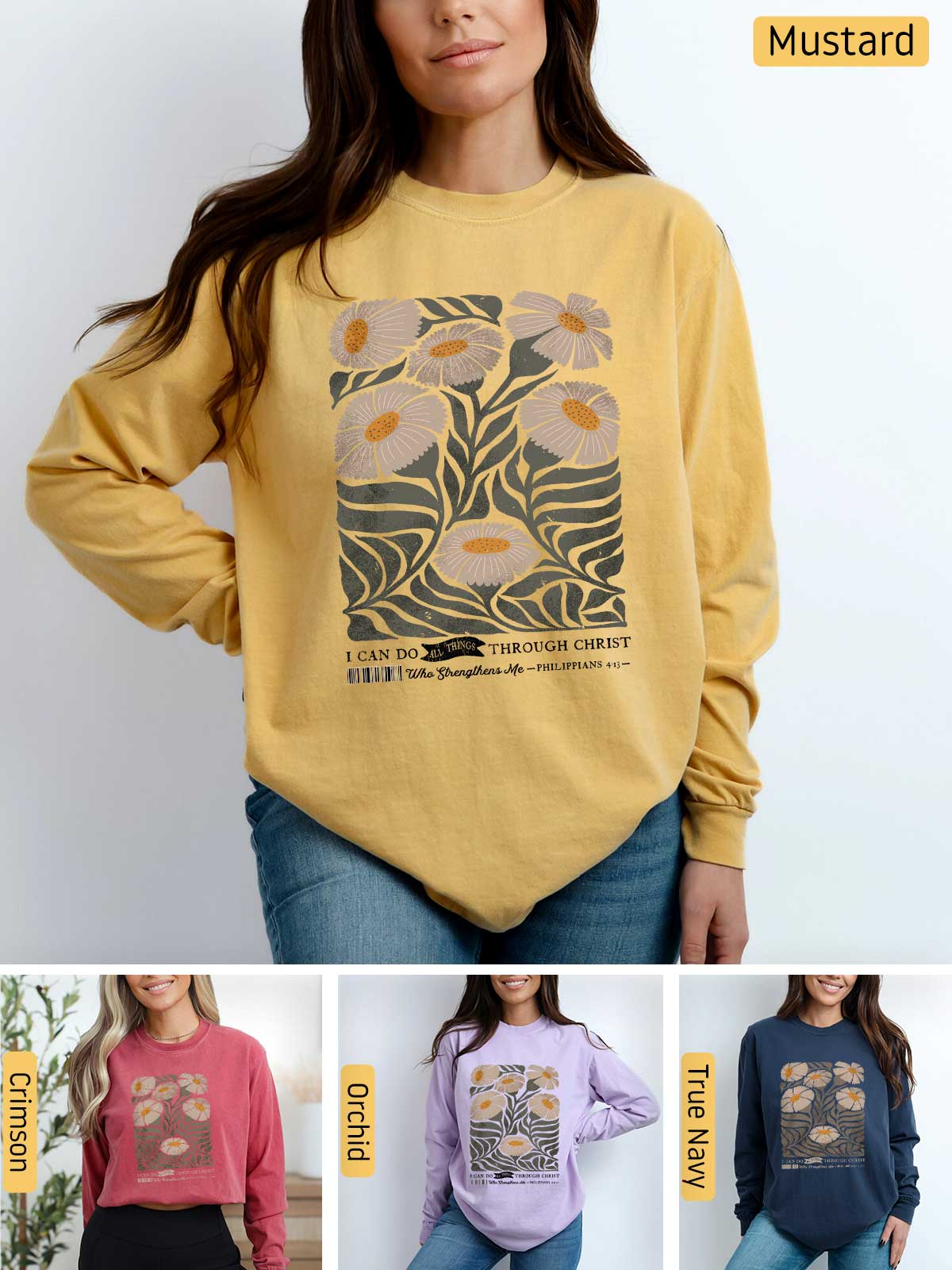 a woman wearing a mustard colored sweatshirt with flowers on it
