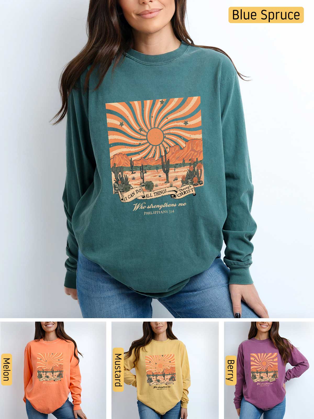 a woman wearing a sweatshirt with a picture of a sunset on it