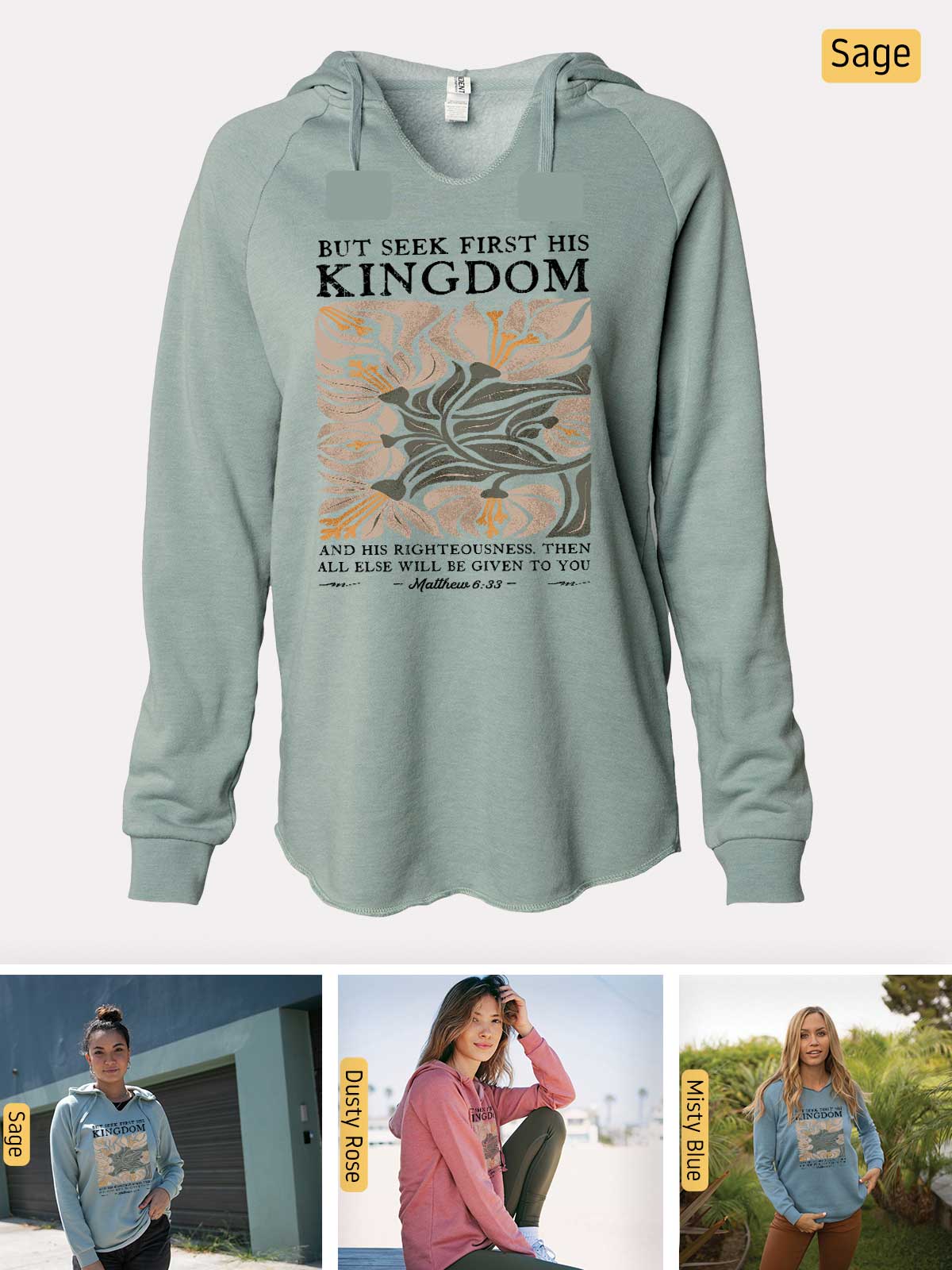 a women's sweatshirt with a picture of a woman sitting on a bench