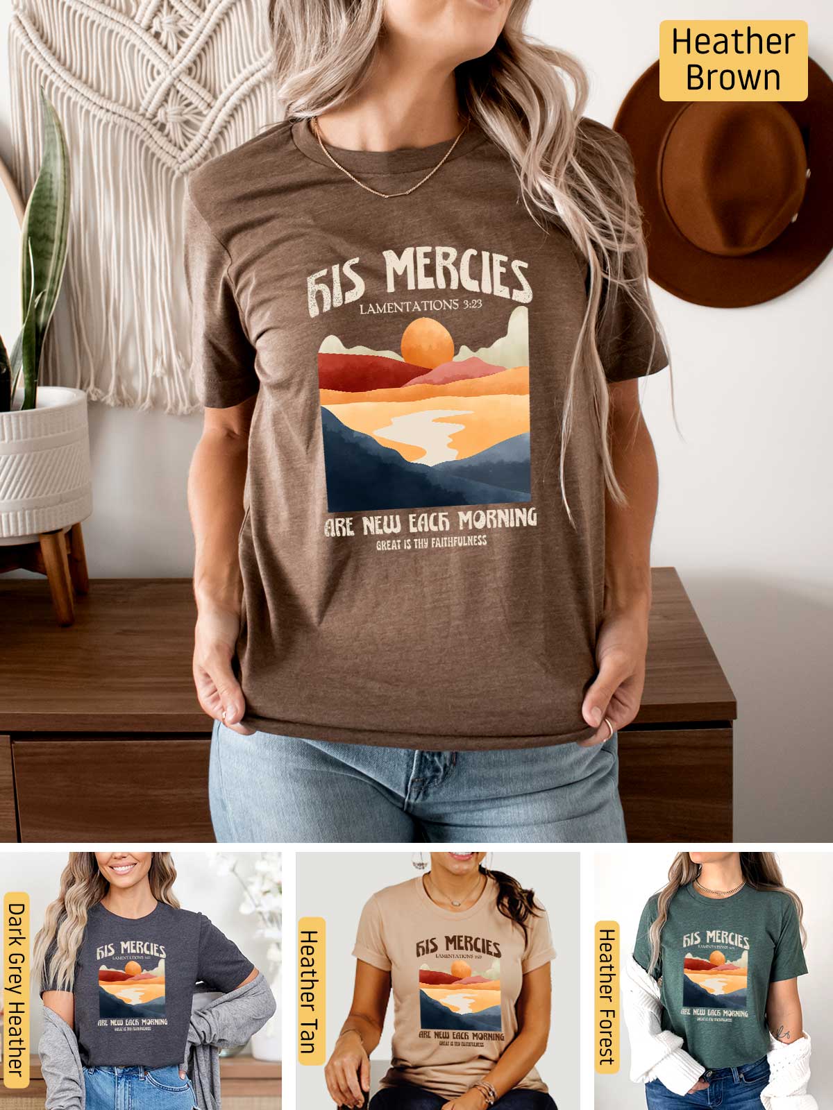 a woman wearing a t - shirt with a picture of a sunset on it