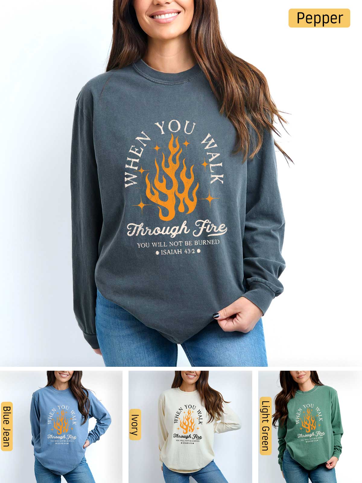 a woman wearing a sweatshirt that says, when you party through fire