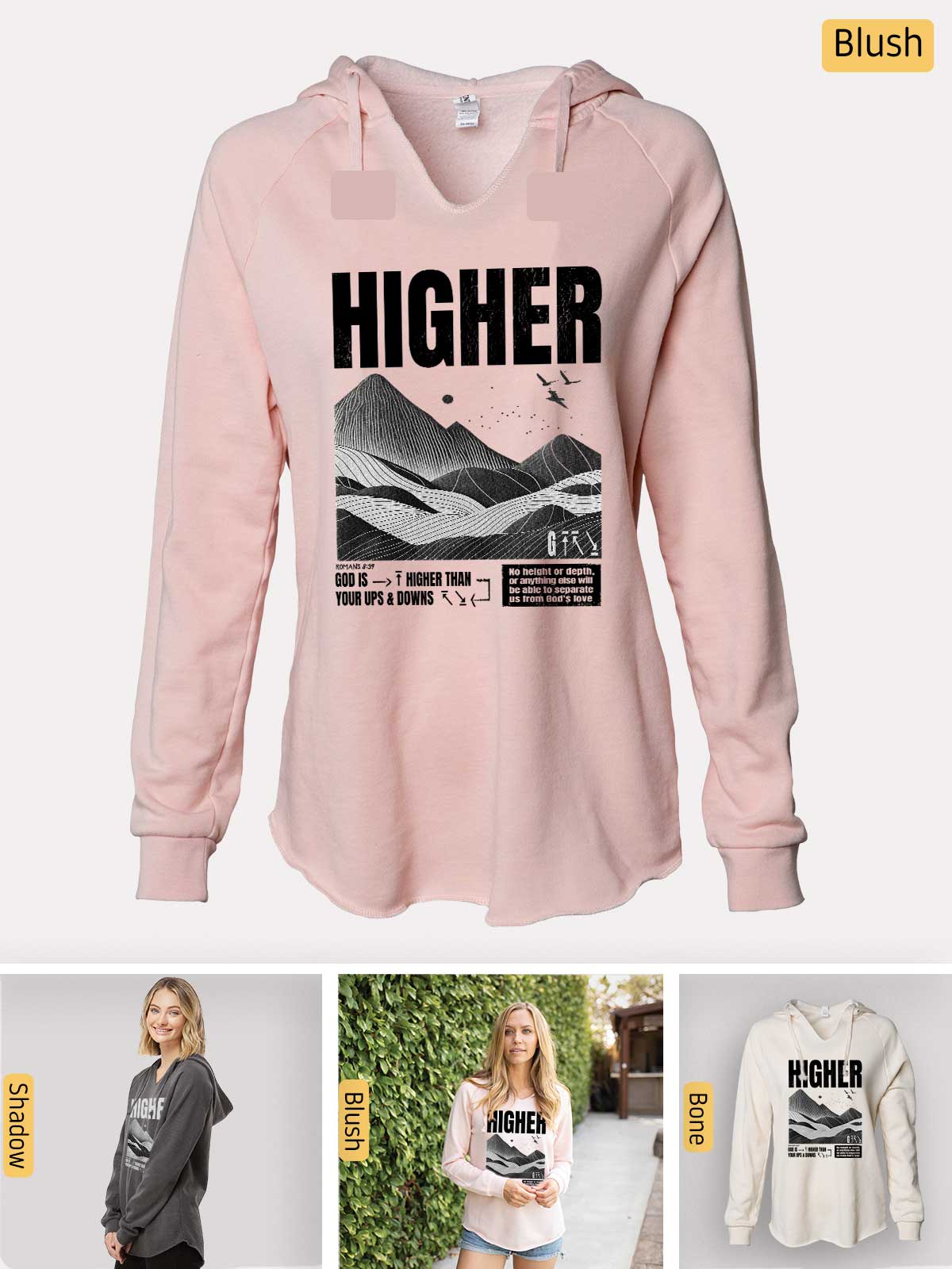 a women's hoodie with the words higher printed on it