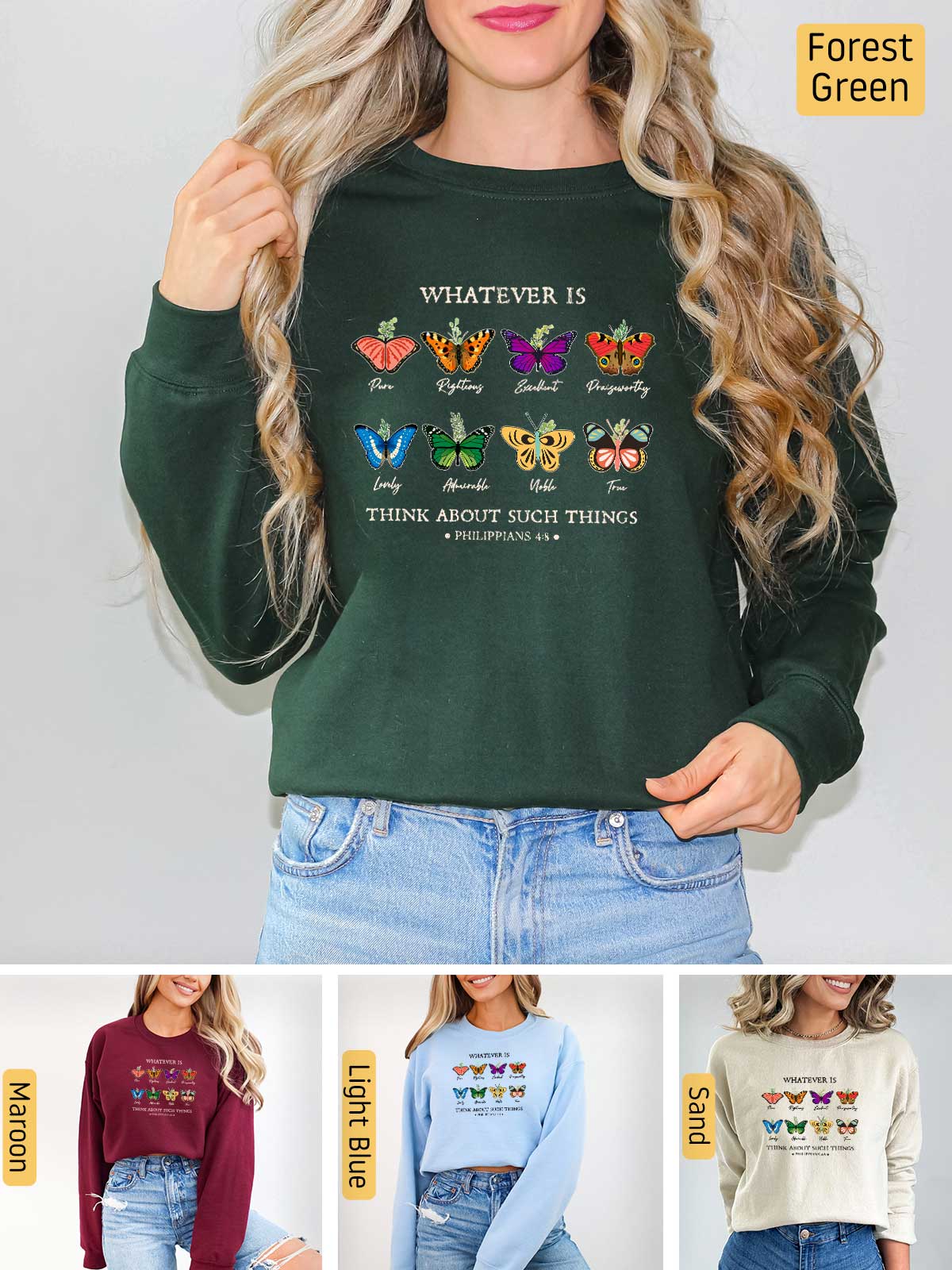 a woman wearing a green sweater with butterflies on it