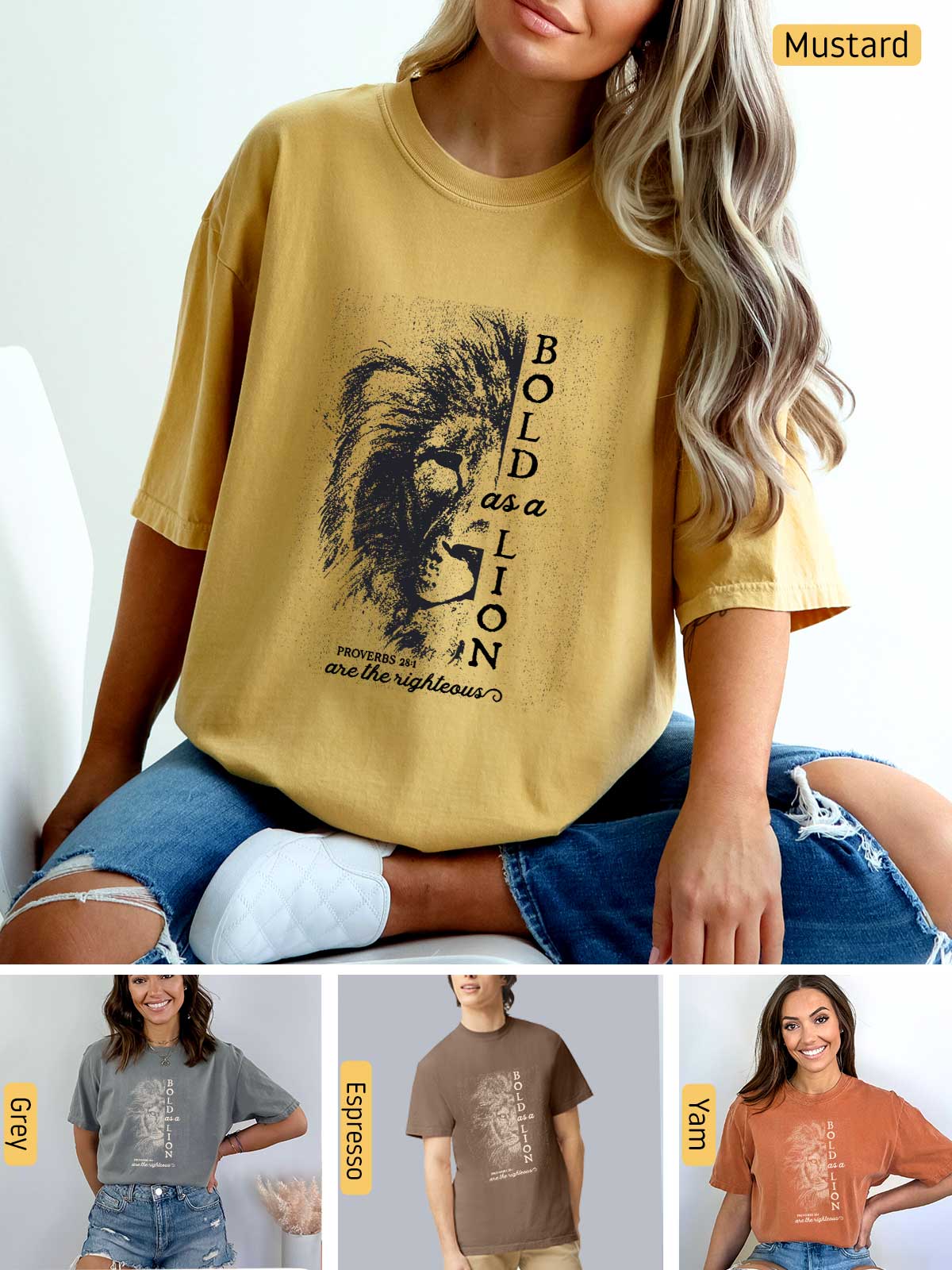 a woman wearing a mustard colored shirt with a lion on it