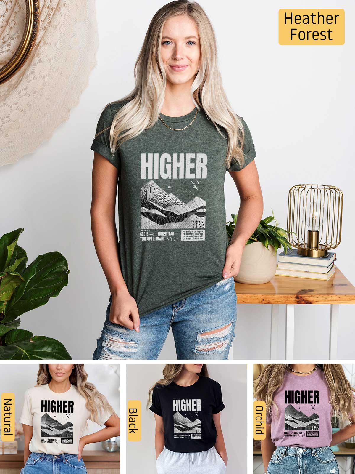 a woman wearing a t - shirt with the words higher on it