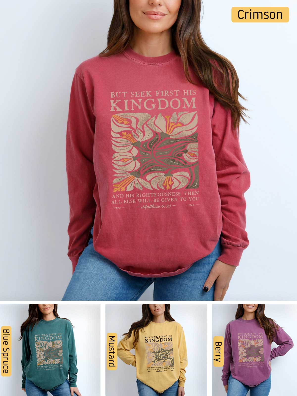 a woman wearing a red sweatshirt with the words kingdom printed on it