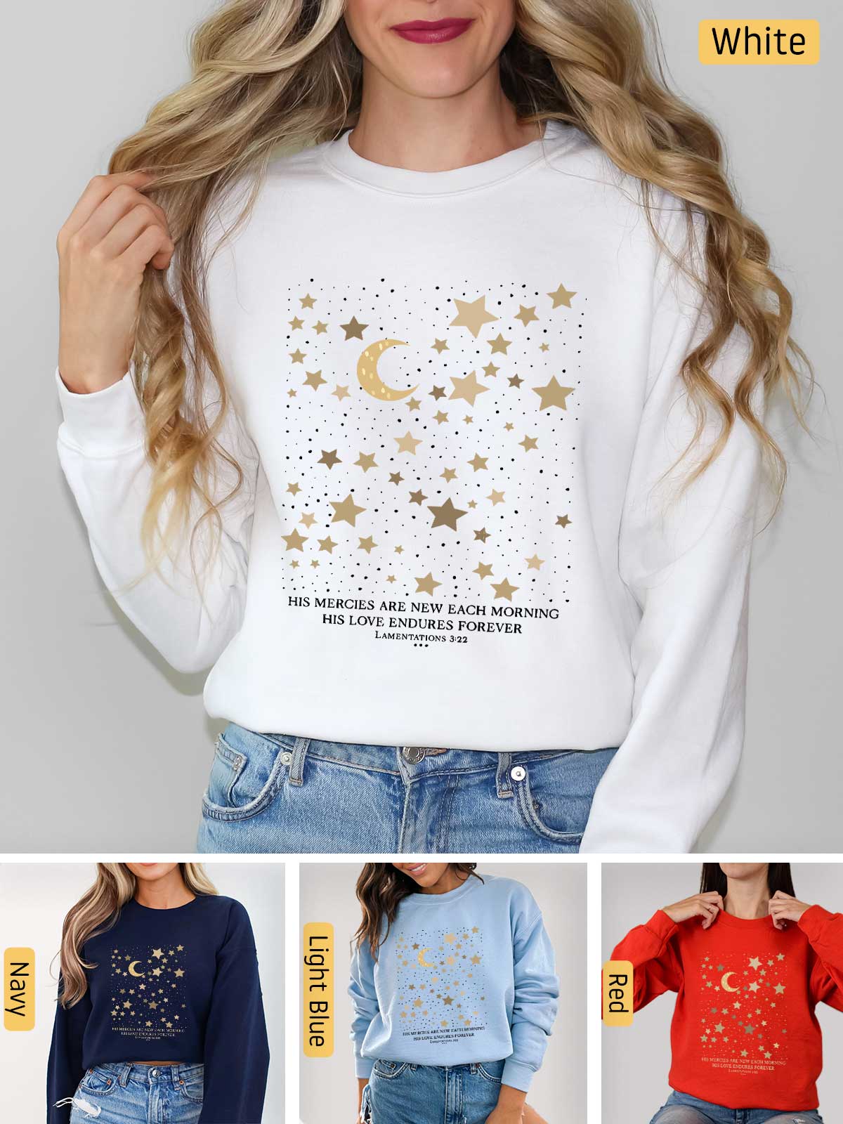 a woman wearing a white sweatshirt with gold stars on it