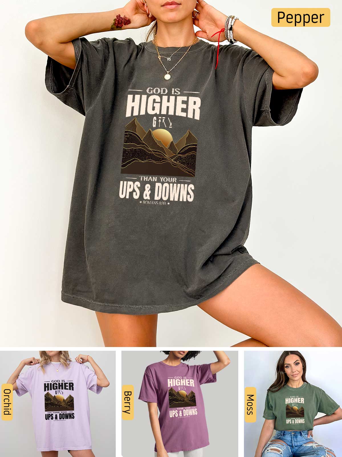 a woman wearing a t - shirt that says, god is higher than ups and