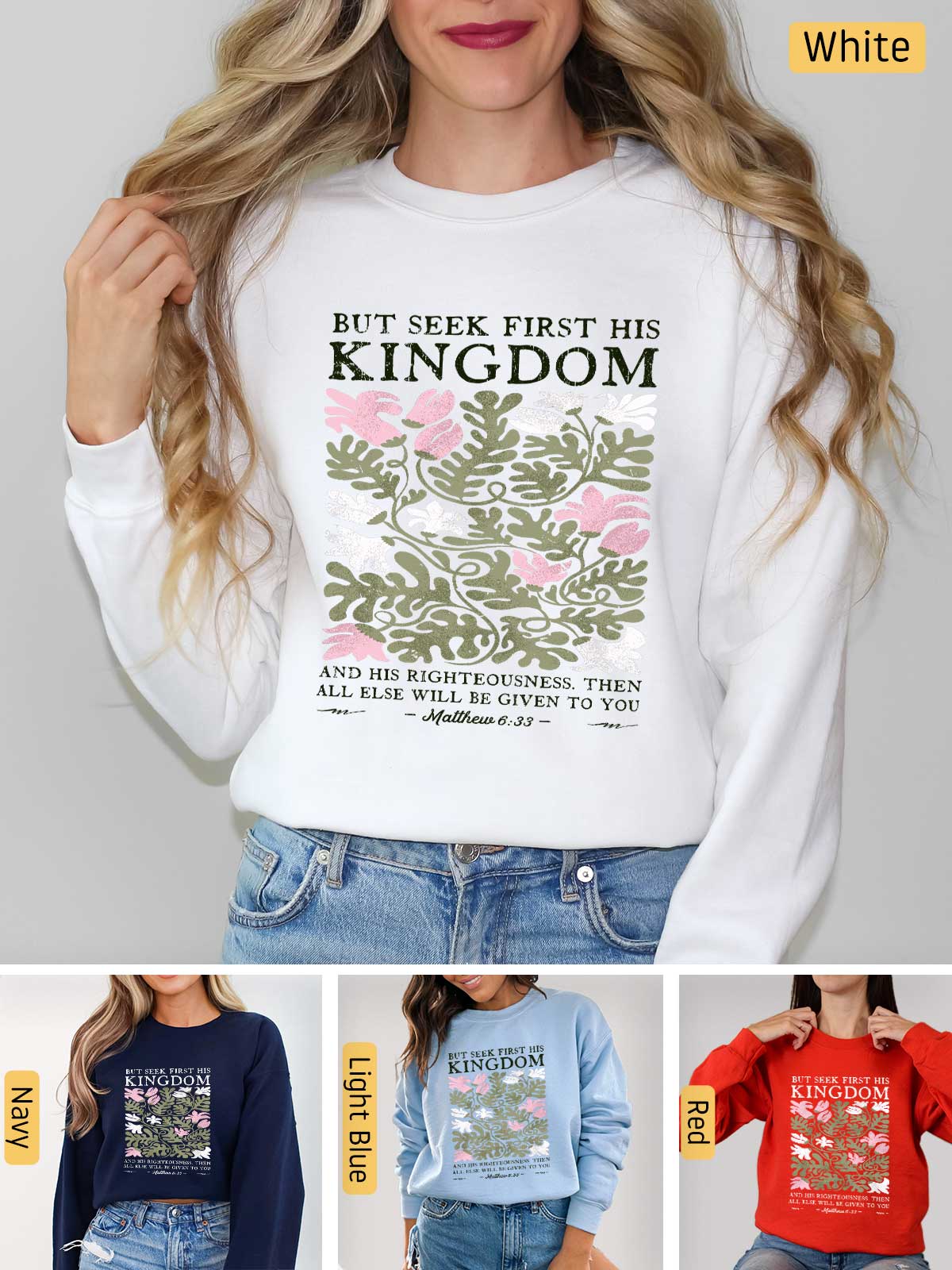 a woman wearing a sweatshirt that says, but see first his kingdom