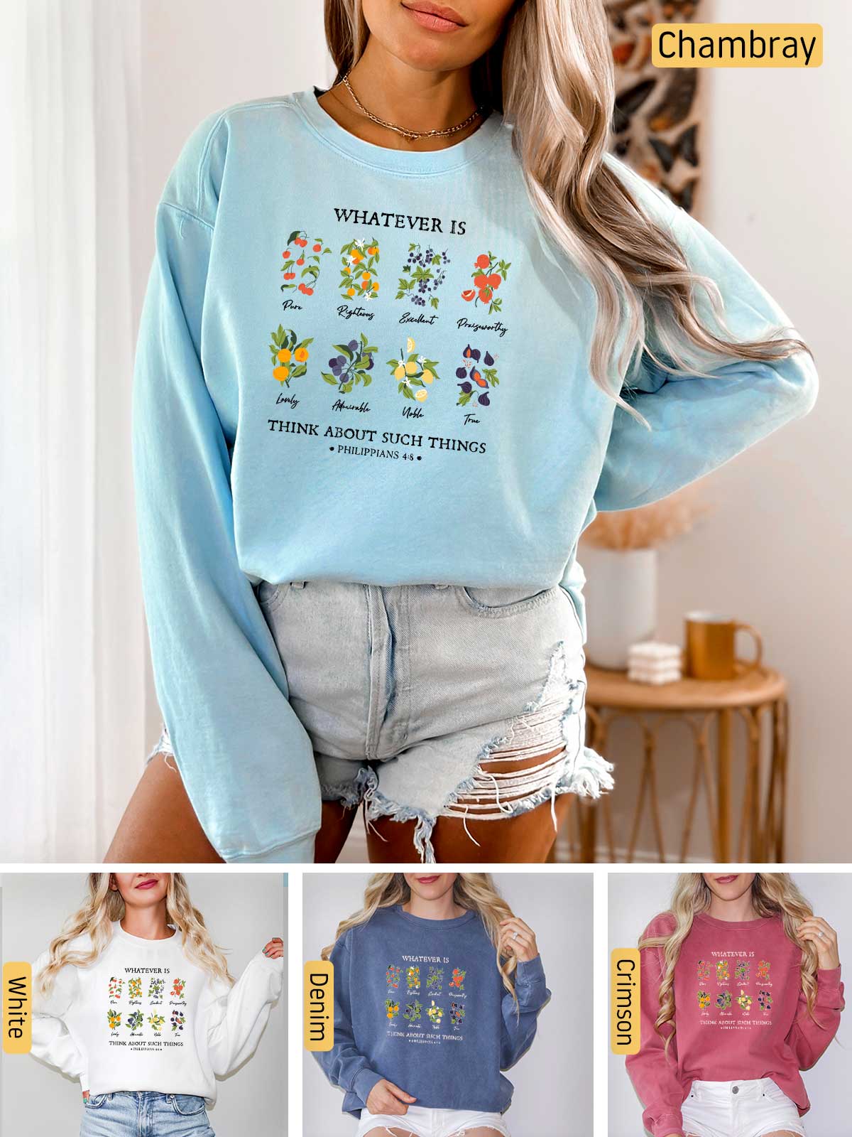 a woman wearing a blue sweatshirt with flowers on it