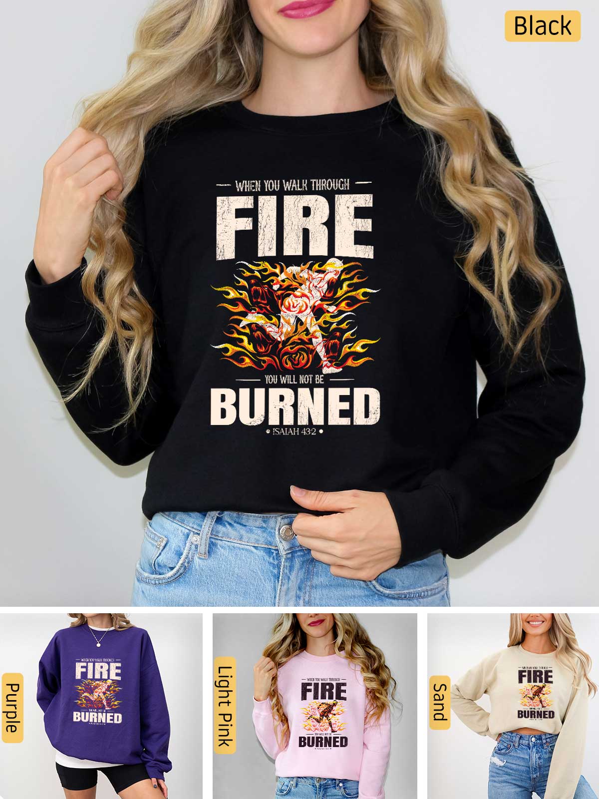 a woman wearing a fire burned sweatshirt