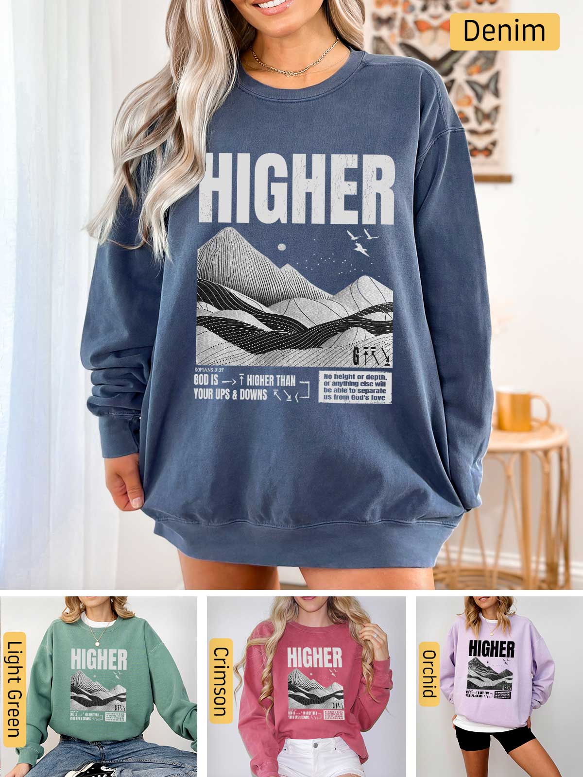 a woman wearing a sweatshirt with the words higher printed on it