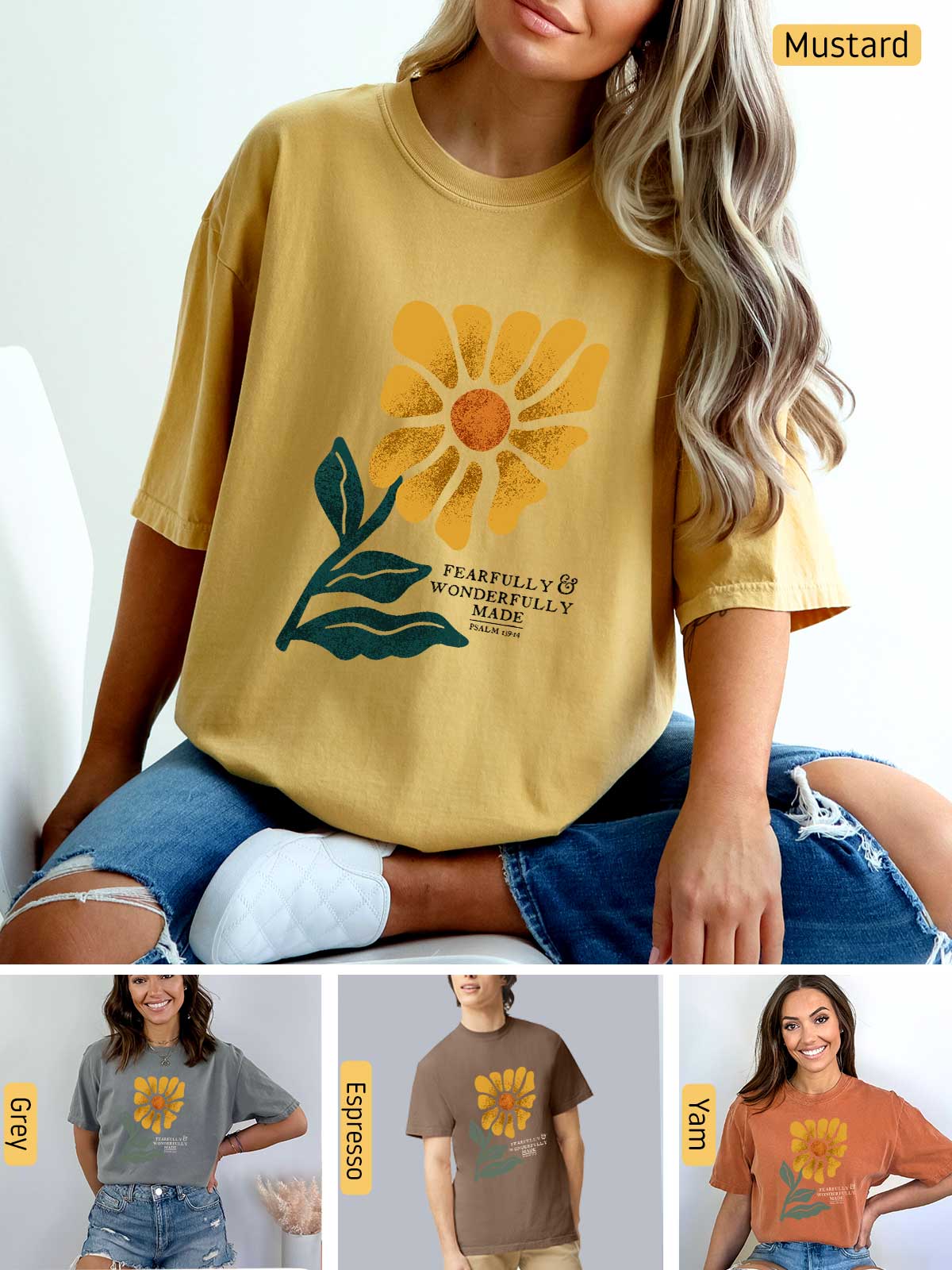 a woman wearing a mustard colored shirt with a flower on it