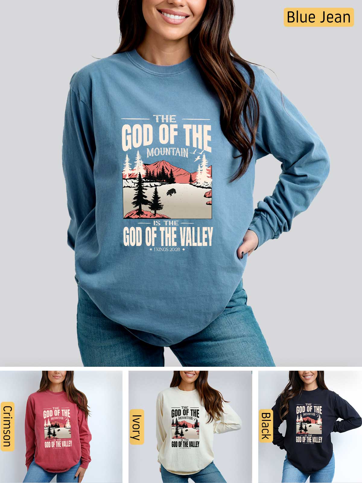 a woman wearing a sweatshirt with the words god of the mountains on it