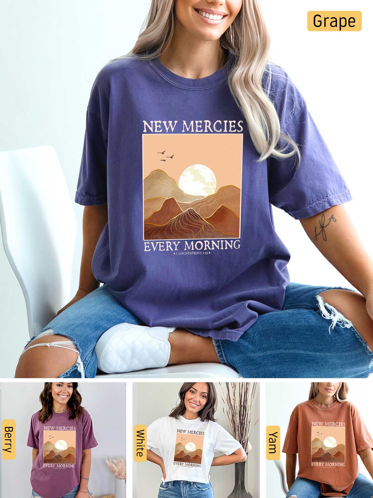 a woman wearing a new mercies every morning t - shirt