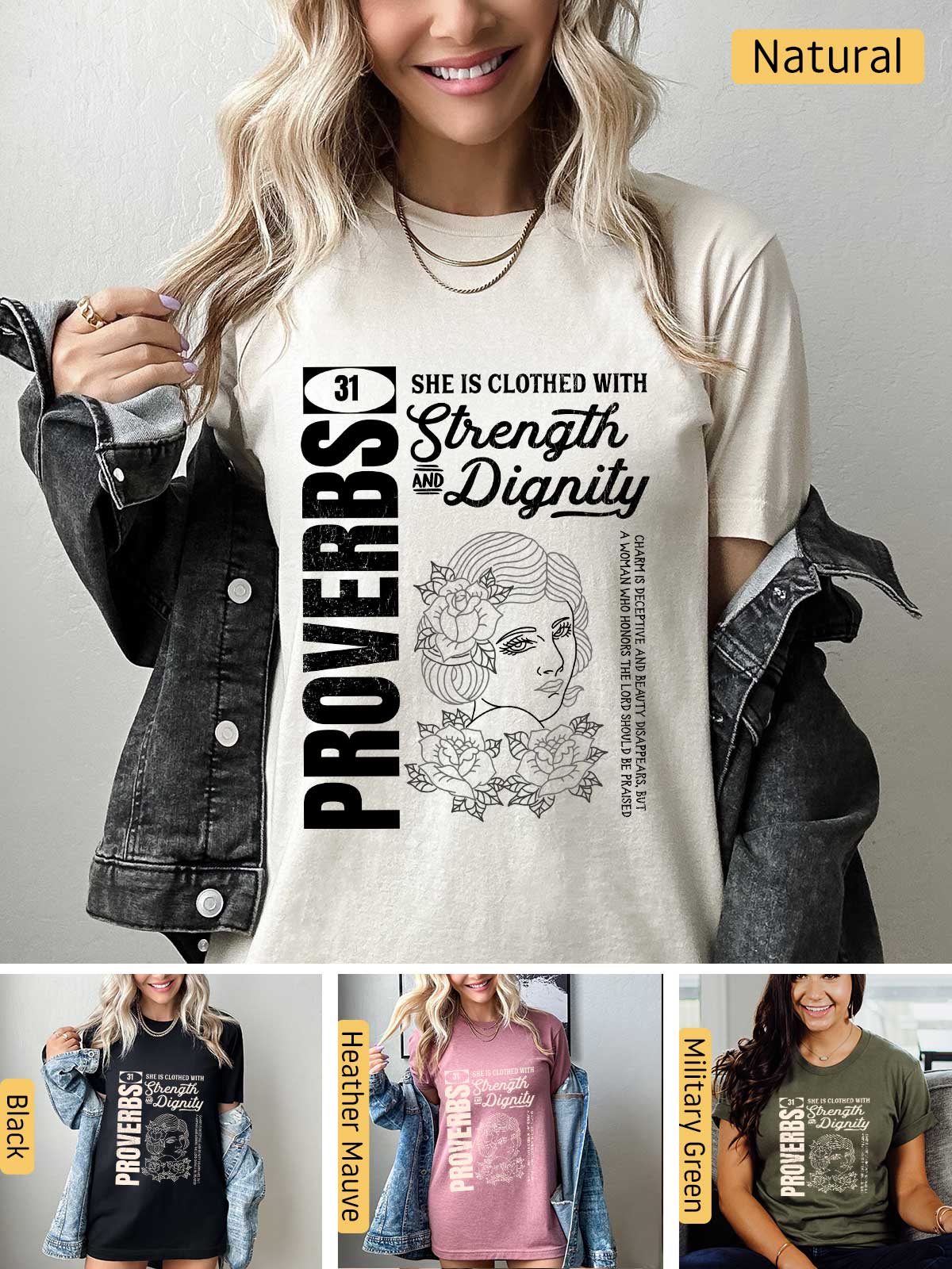 a woman wearing a t - shirt that says strength and a picture of a woman