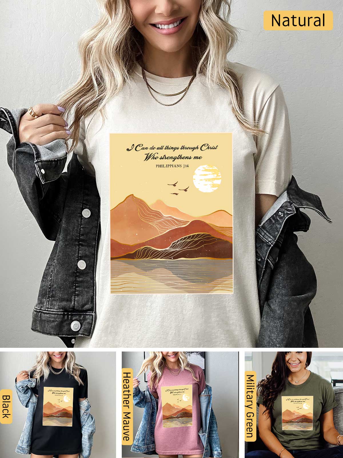 a woman wearing a t - shirt with a picture of a mountain