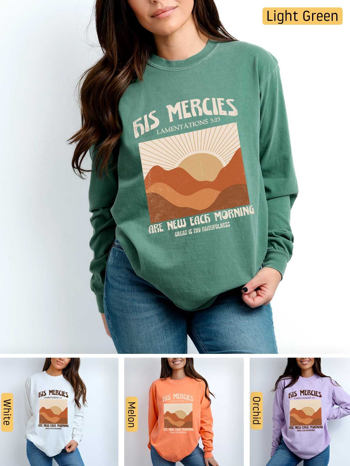 a woman wearing a sweatshirt with a mountain scene on it