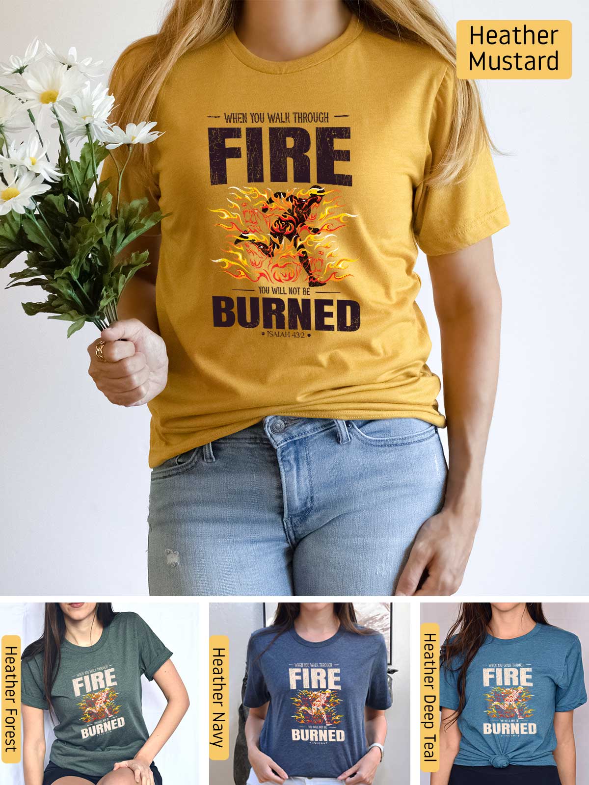 a woman wearing a fire burned t - shirt with flowers in her hand