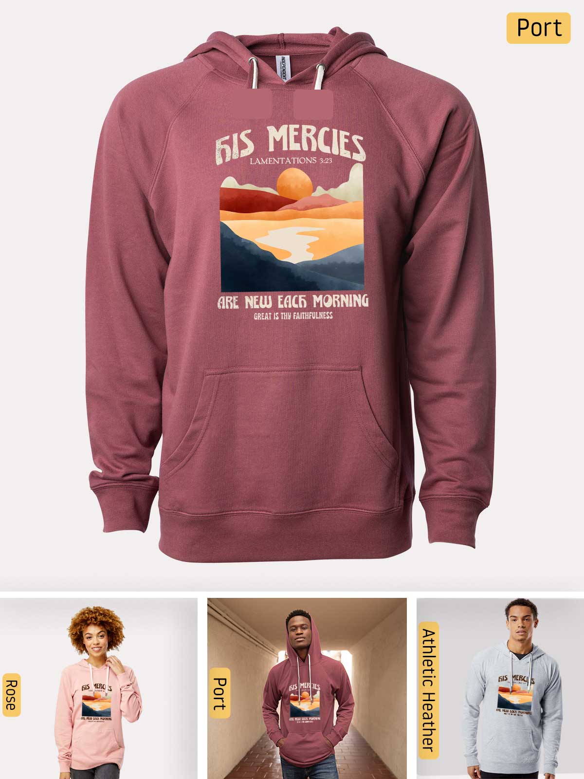 a man wearing a hoodie with a sunset on it