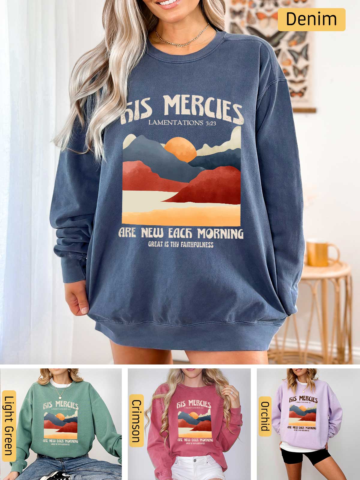 a woman wearing a sweatshirt and shorts with a mountain scene on it