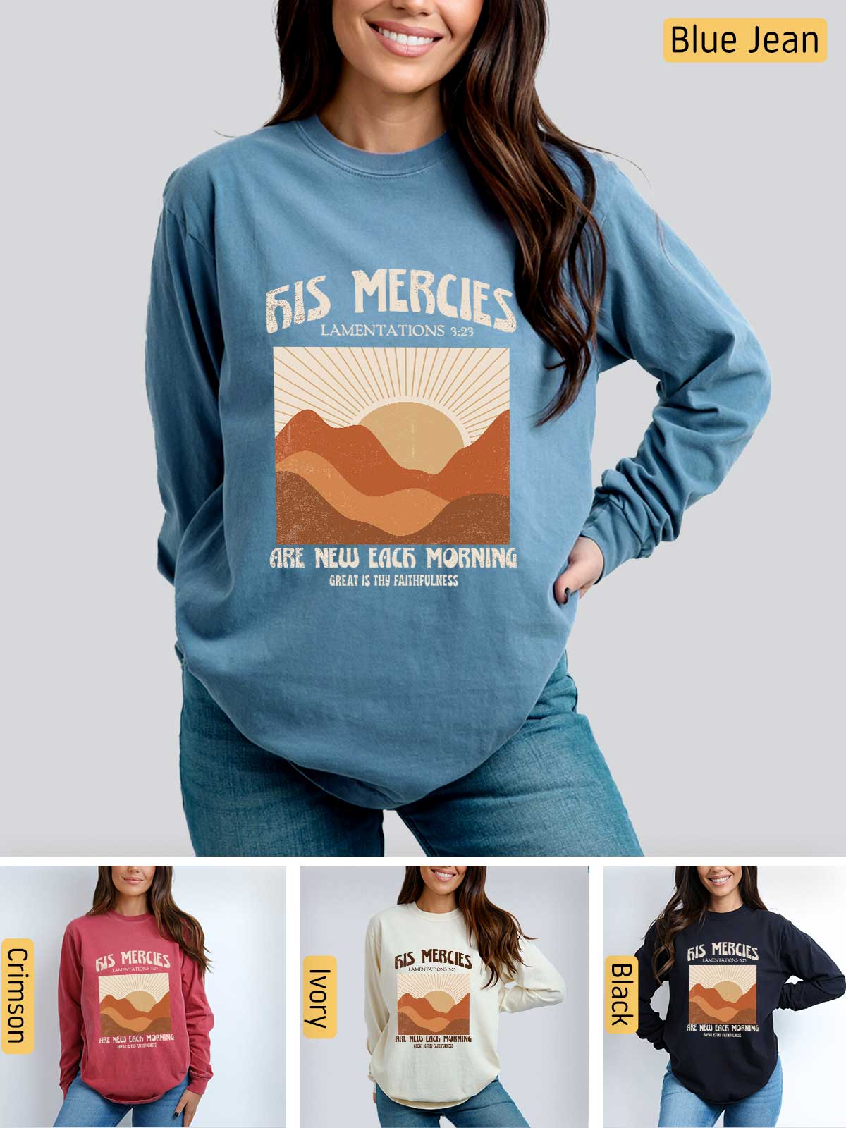 a woman wearing a blue sweatshirt with a mountain scene on it