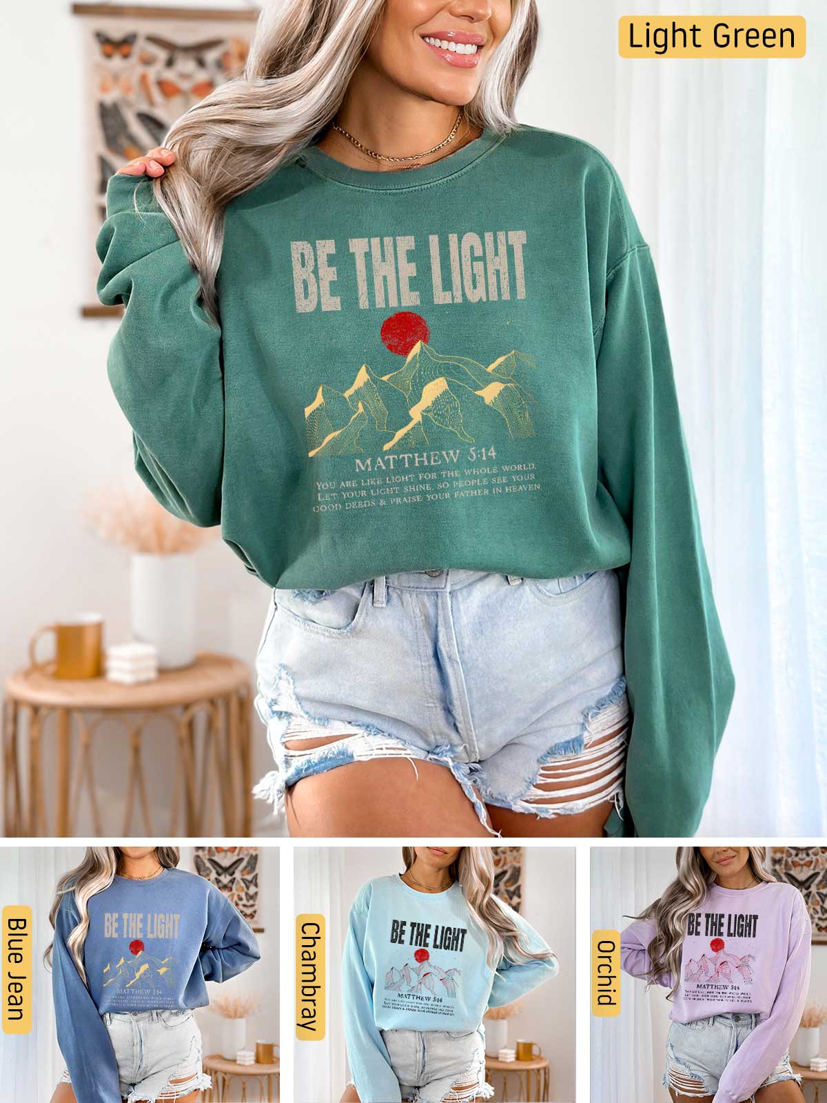 a woman wearing a sweatshirt with the words be the light on it