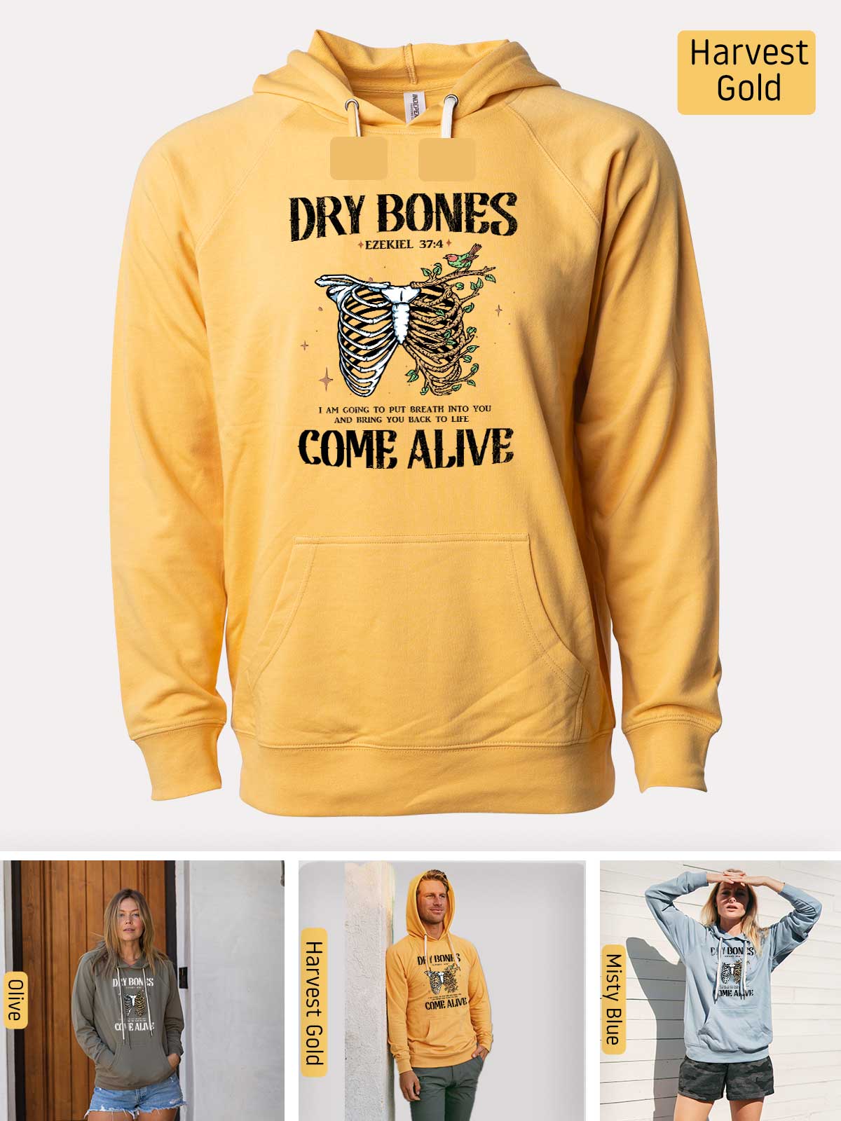 a woman wearing a yellow hoodie with the words dry bones come alive on it