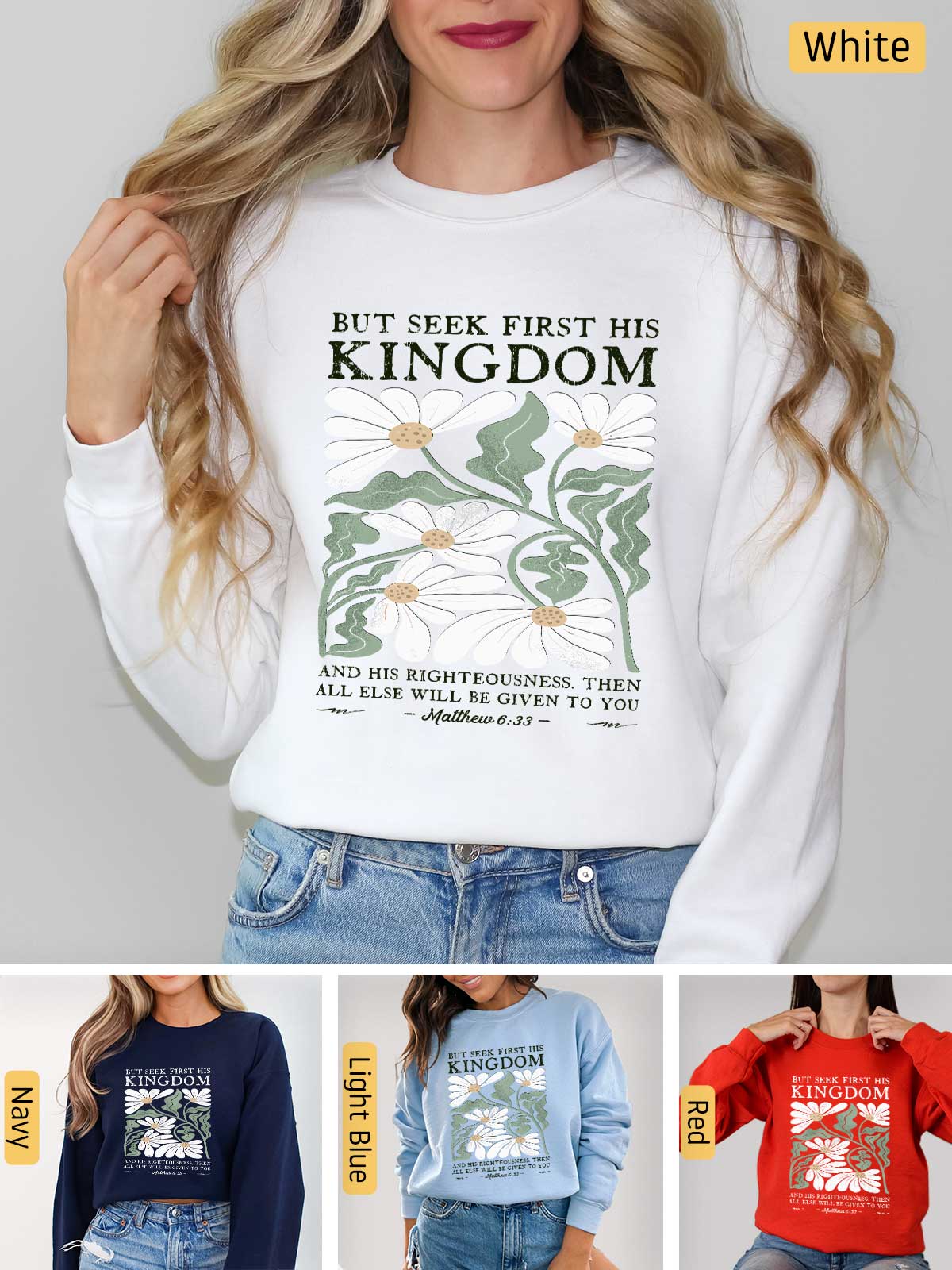 a woman wearing a white sweatshirt with the words but see first his kingdom on it