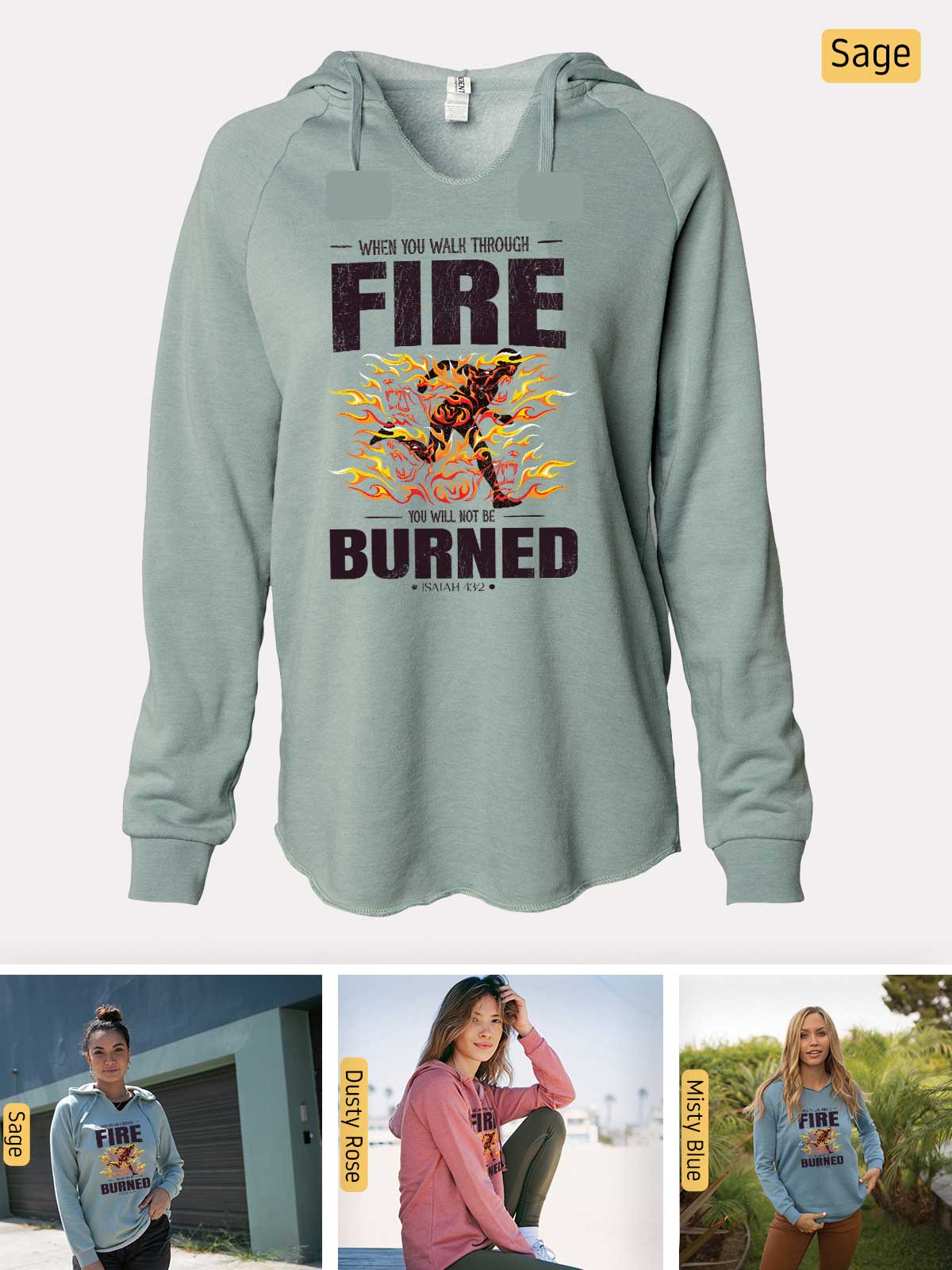 a woman wearing a sweatshirt that says fire burned
