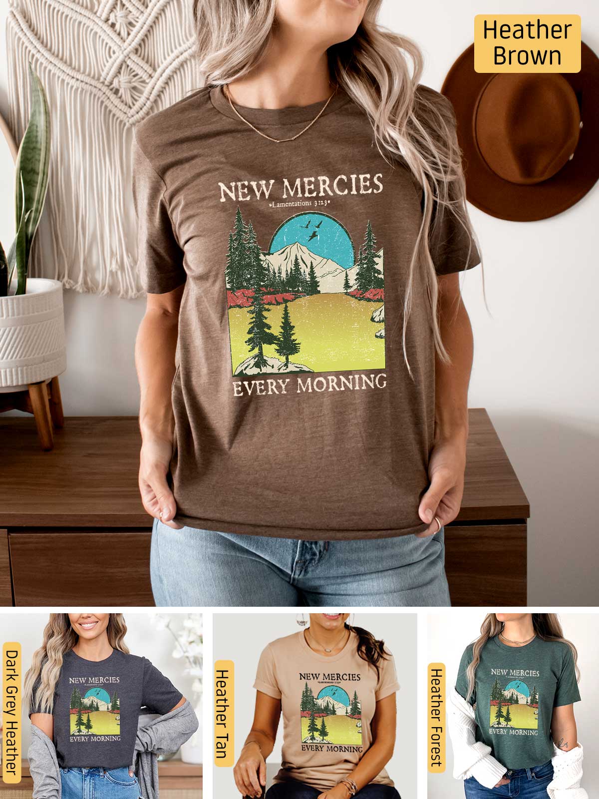 a woman wearing a new mercies every morning t - shirt