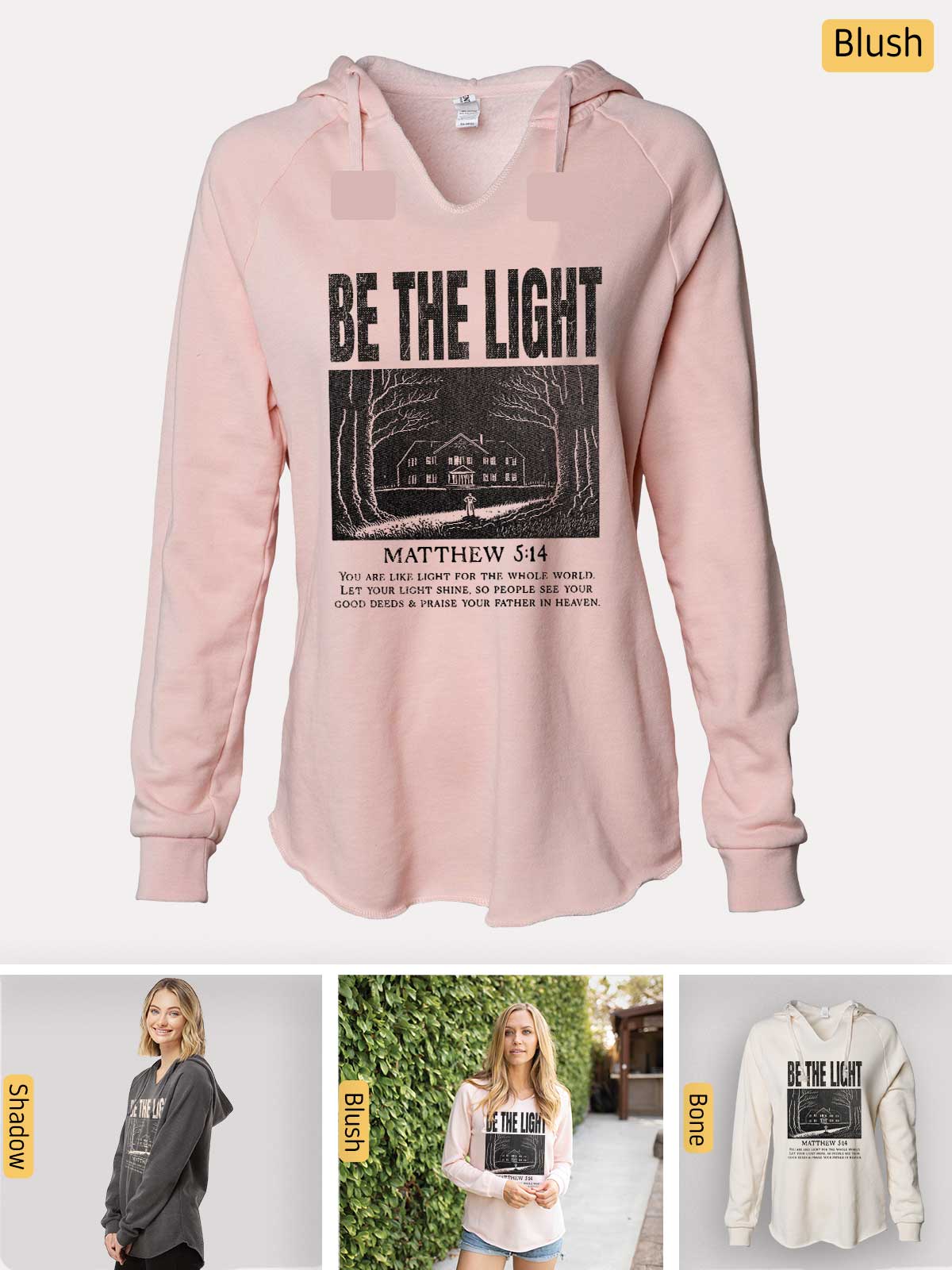a women's sweatshirt with the words be the light on it