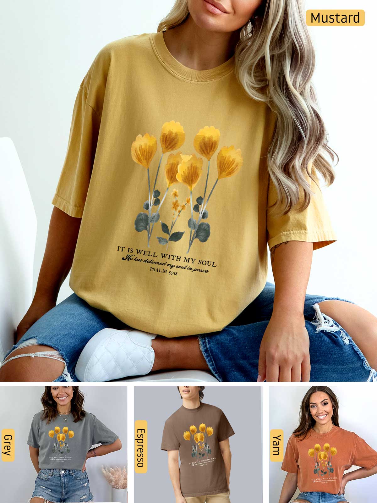 a woman wearing a mustard colored t - shirt with yellow flowers on it