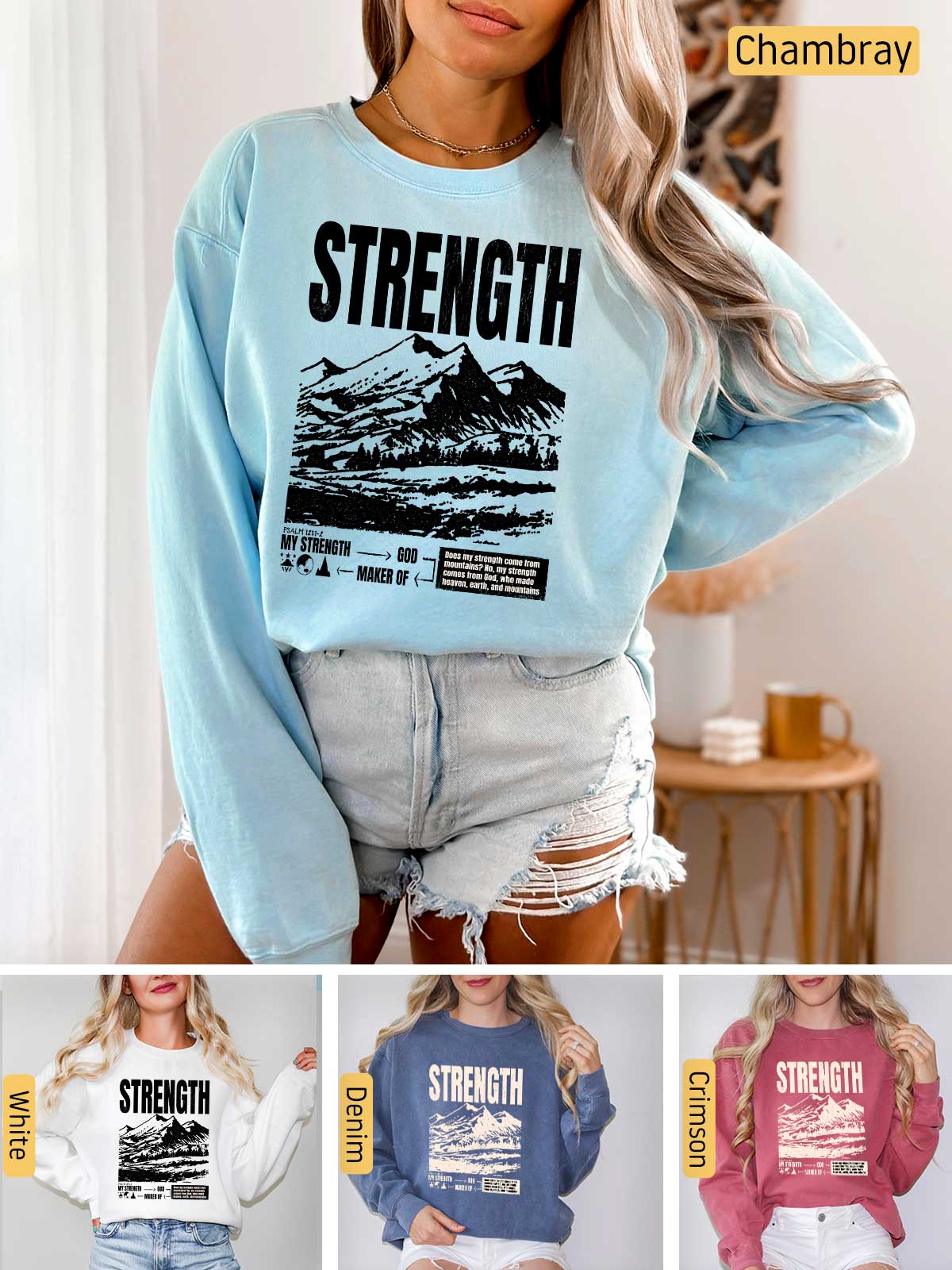 a woman wearing a sweatshirt with the words strength on it