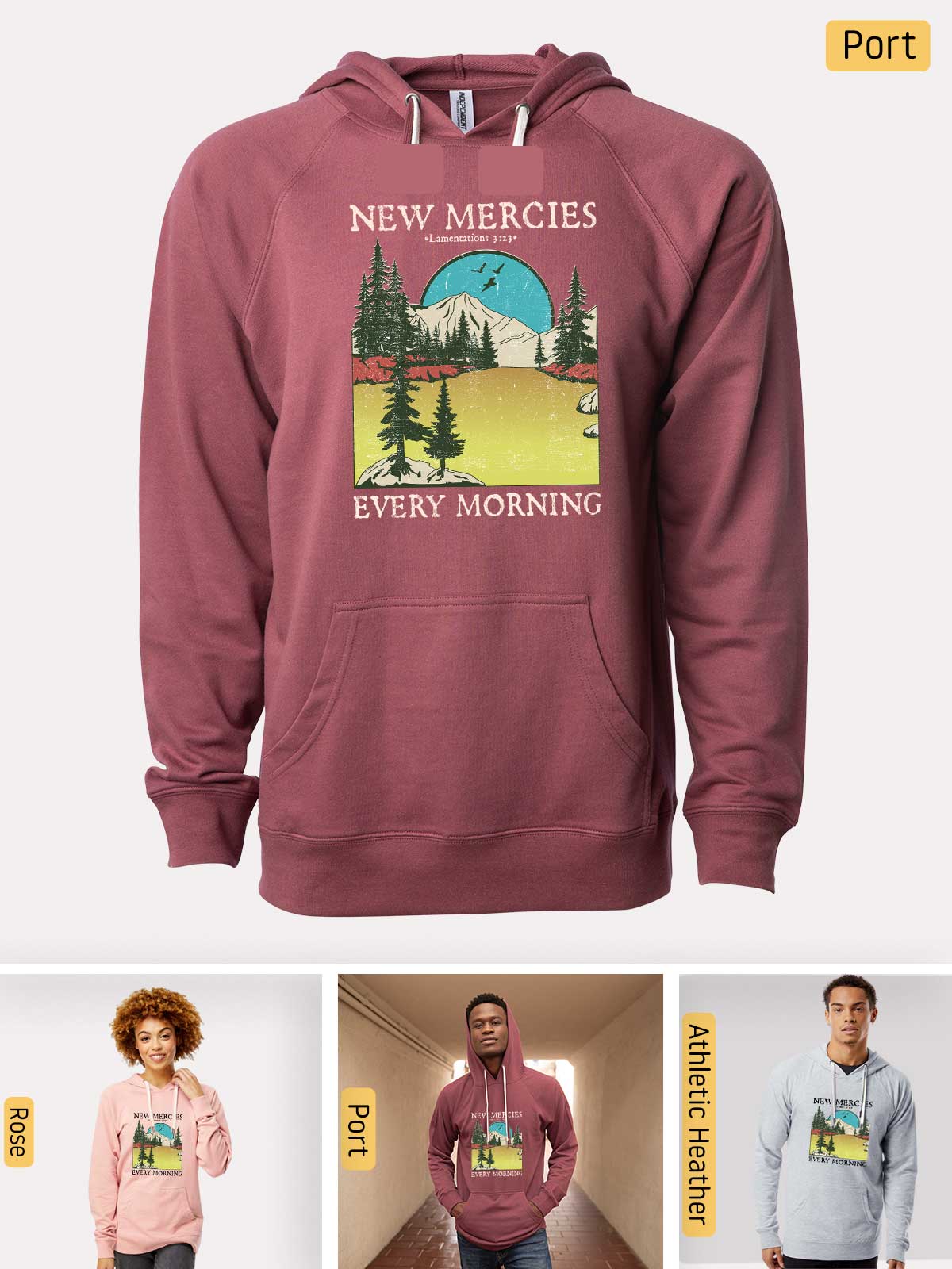 a man wearing a new mercies every morning hoodie