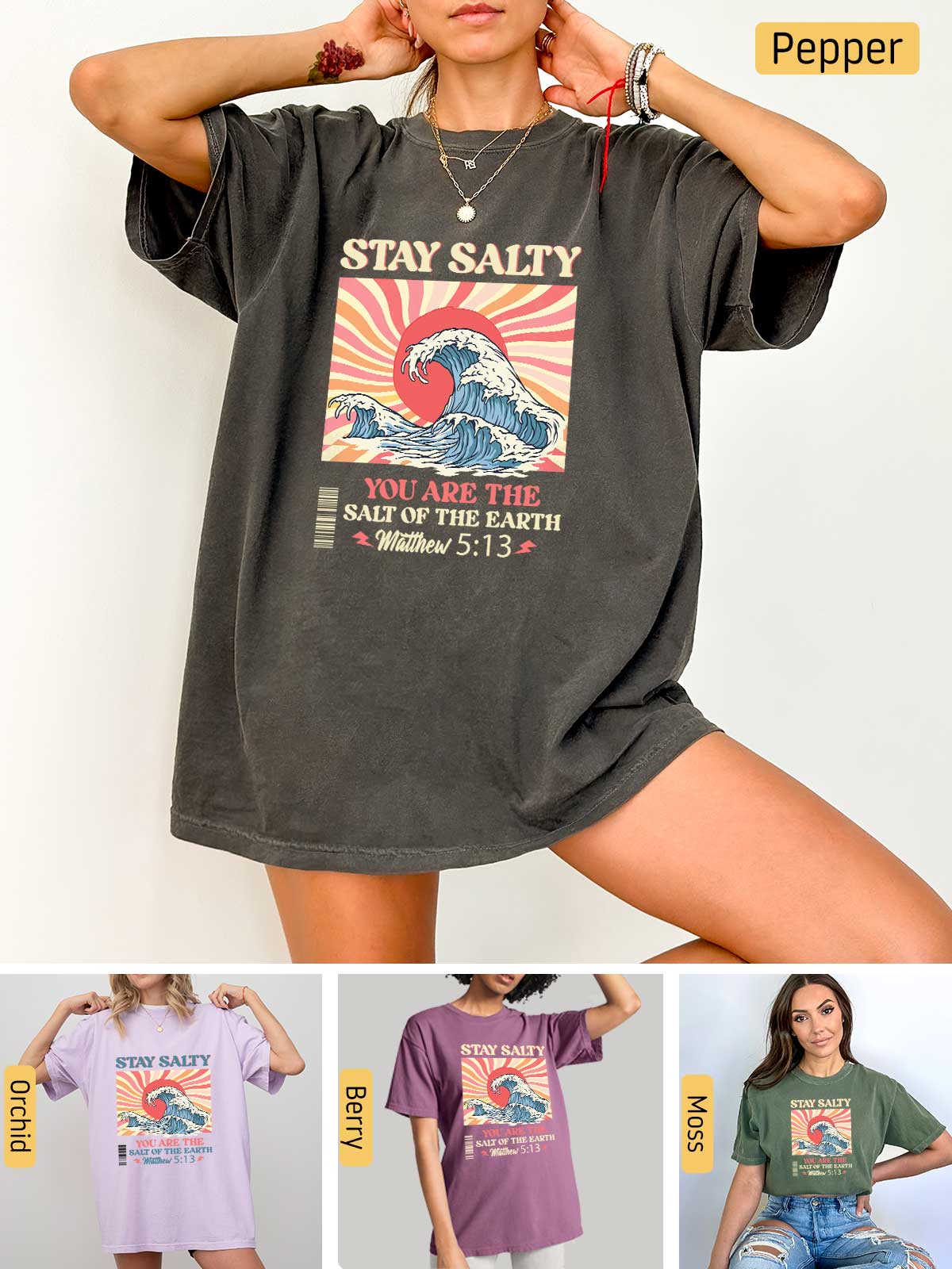 a woman wearing a shirt that says stay salty