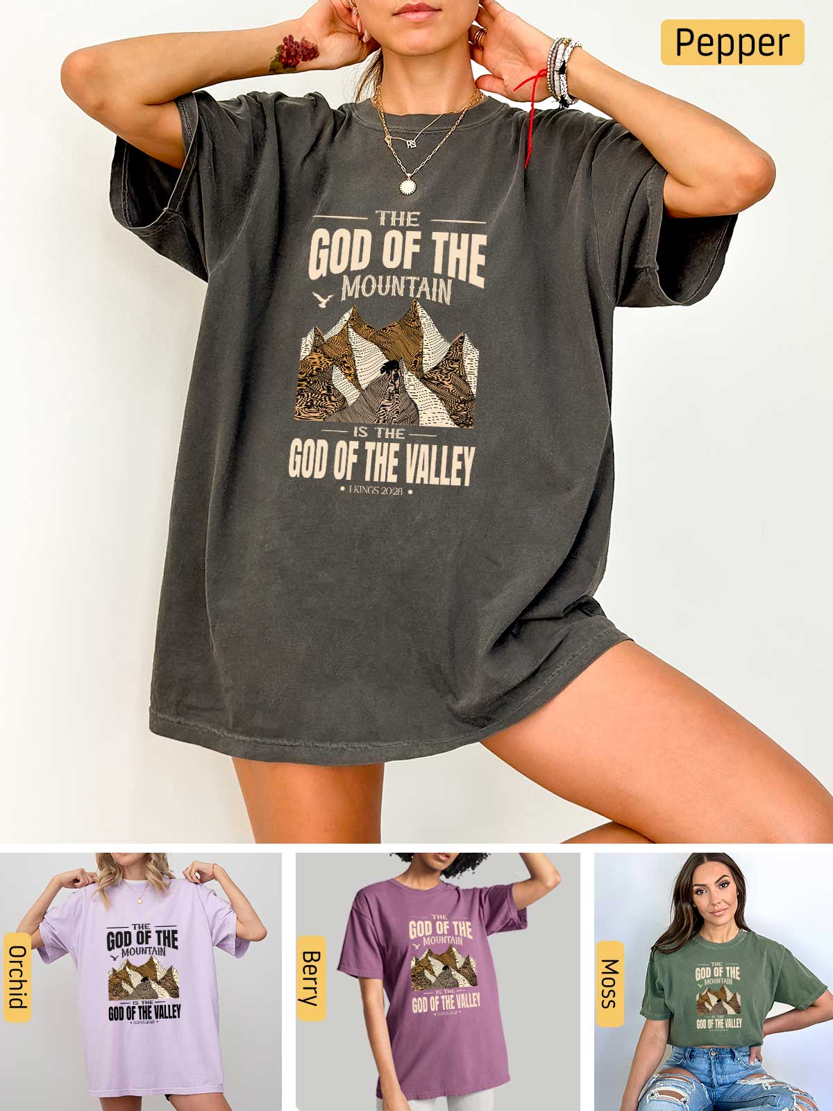 a woman wearing a shirt that says god of the mountain
