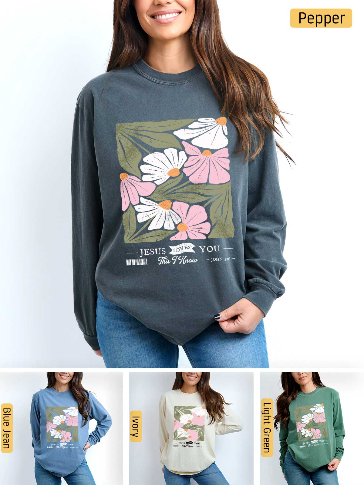 a woman wearing a sweatshirt with flowers on it