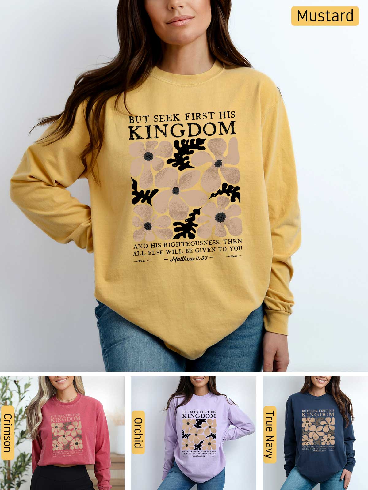 a woman wearing a yellow sweatshirt with the words, but seek first his kingdom and