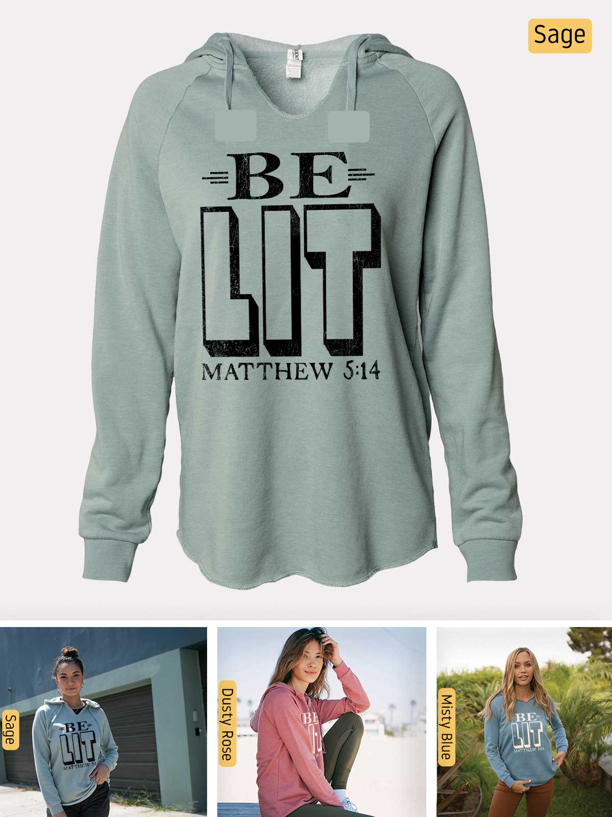 a woman wearing a sweatshirt with the words be lit on it