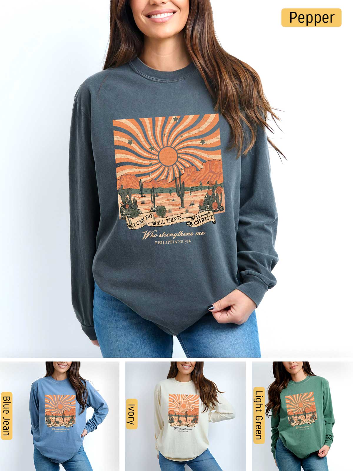 a woman wearing a long sleeved shirt with a sunset on it