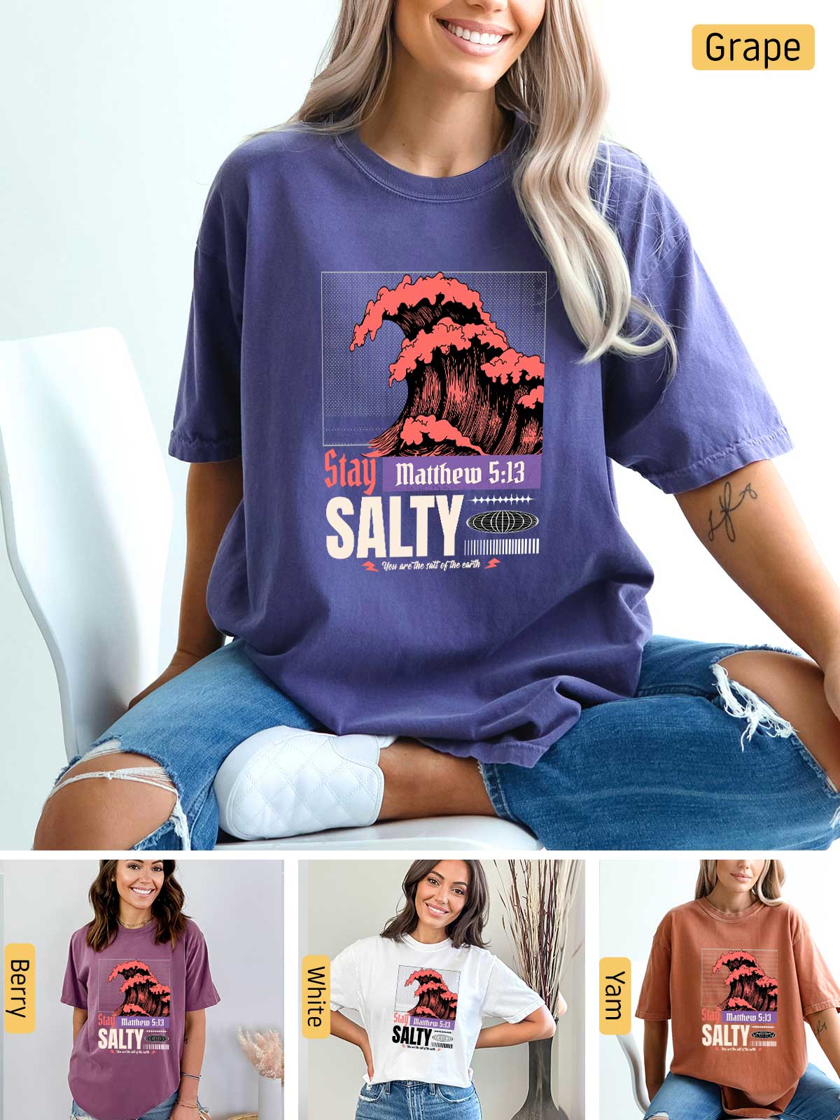 a woman sitting on a chair wearing a t - shirt with a picture of a