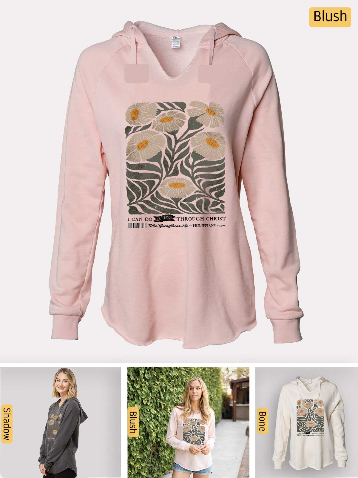 a women's pink hoodie with a picture of a flower on it