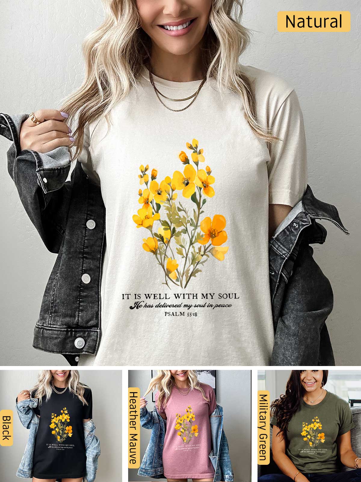 a woman wearing a t - shirt with yellow flowers on it