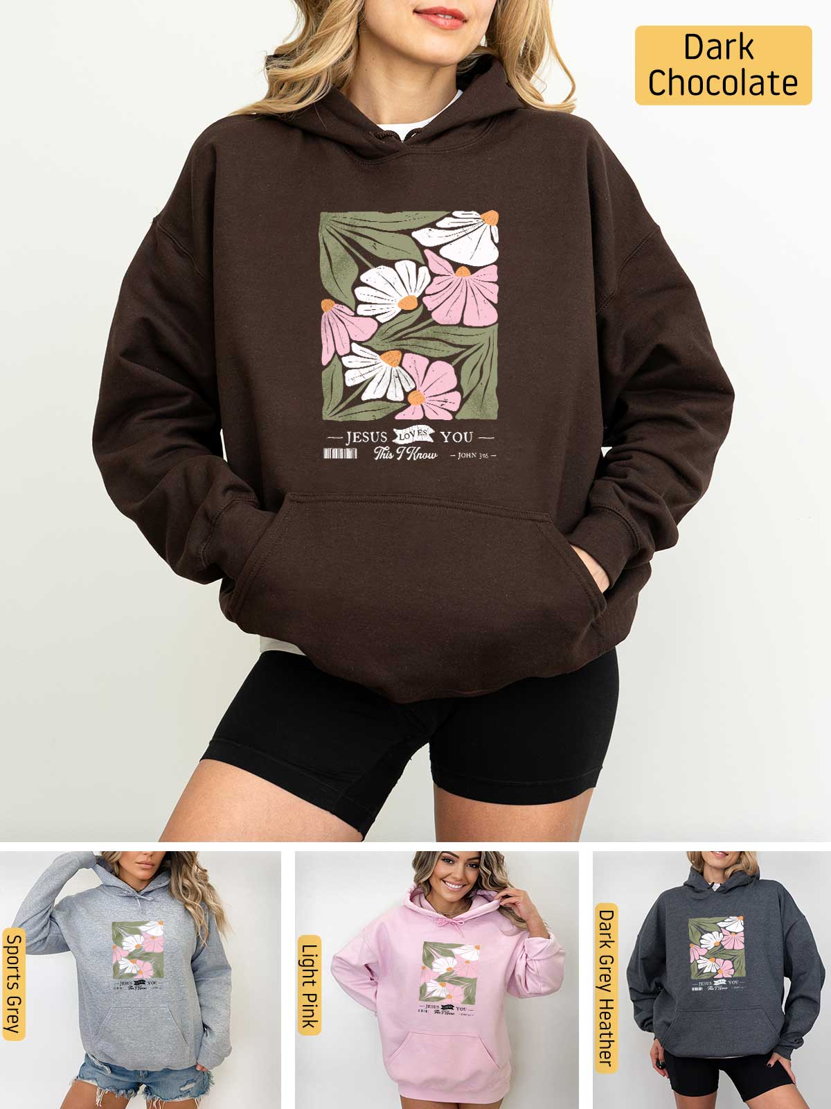 a woman wearing a hoodie with flowers on it
