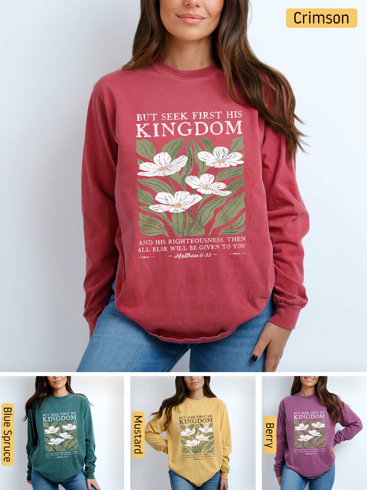 a woman wearing a sweatshirt with the words, but seek first the kingdom