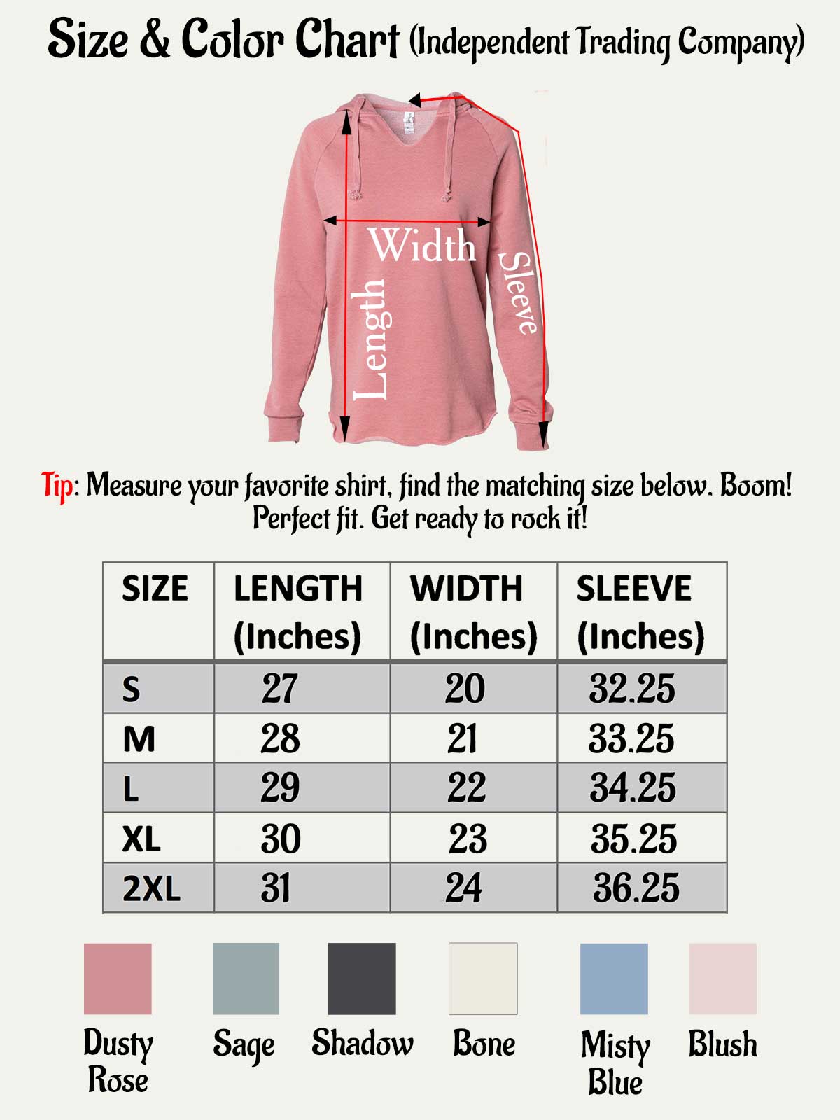 the size and color chart for a sweatshirt