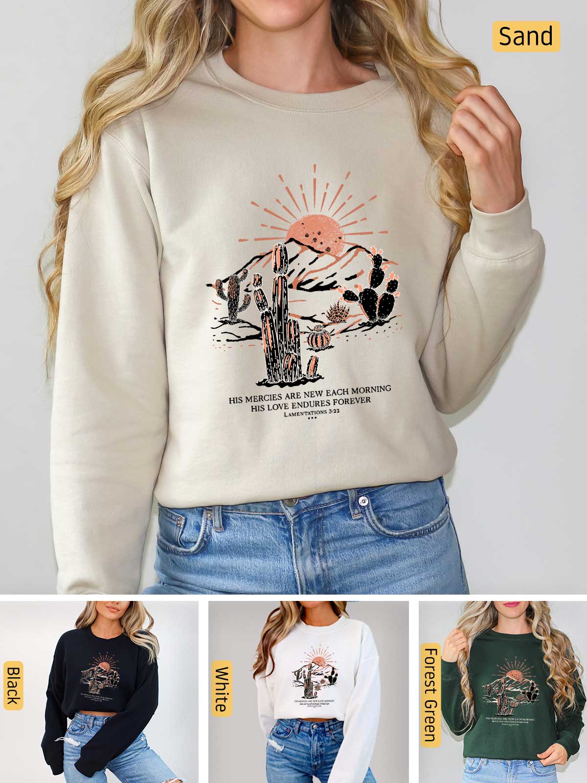 a woman wearing a sweatshirt with a cactus on it