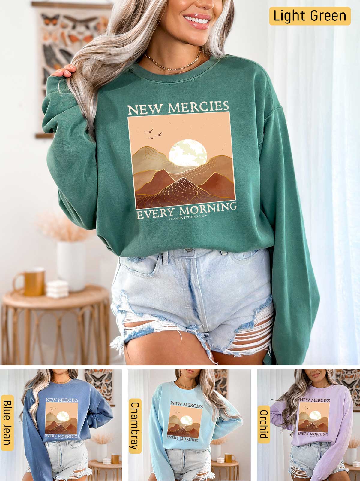 a collage of photos of a woman wearing a new mercies sweatshirt