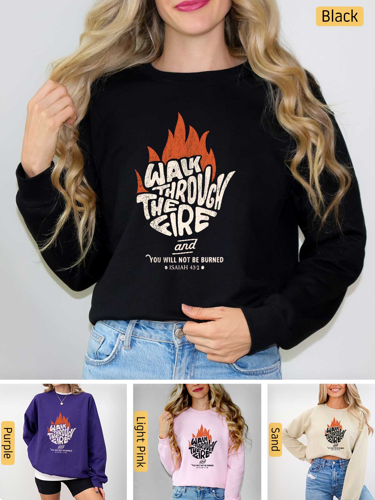 a woman wearing a black sweatshirt with the words war through fire on it